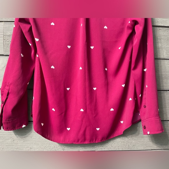 Talbots Fuscia Pink Long Sleeved Button Up Blouse with Whitr Hearts Sz Petite - Picture 10 of 14